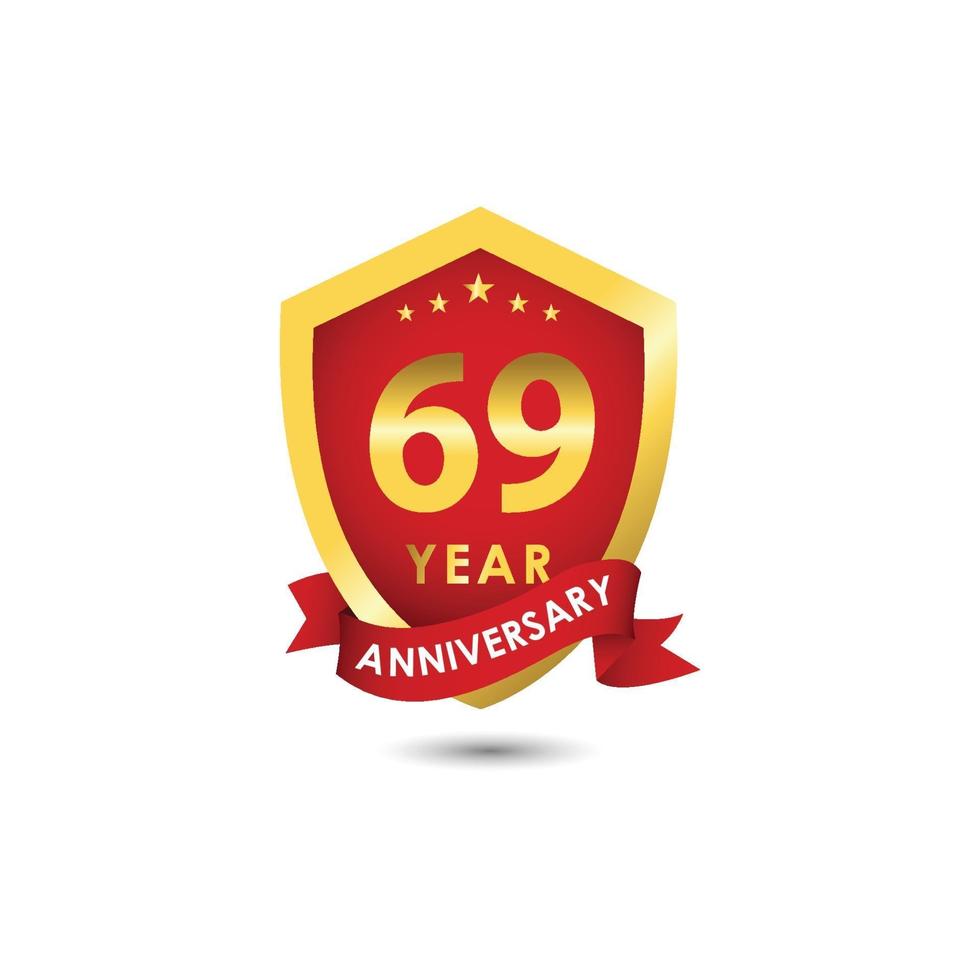 69 Years Anniversary Celebration Emblem Red Gold Vector Template Design Illustration