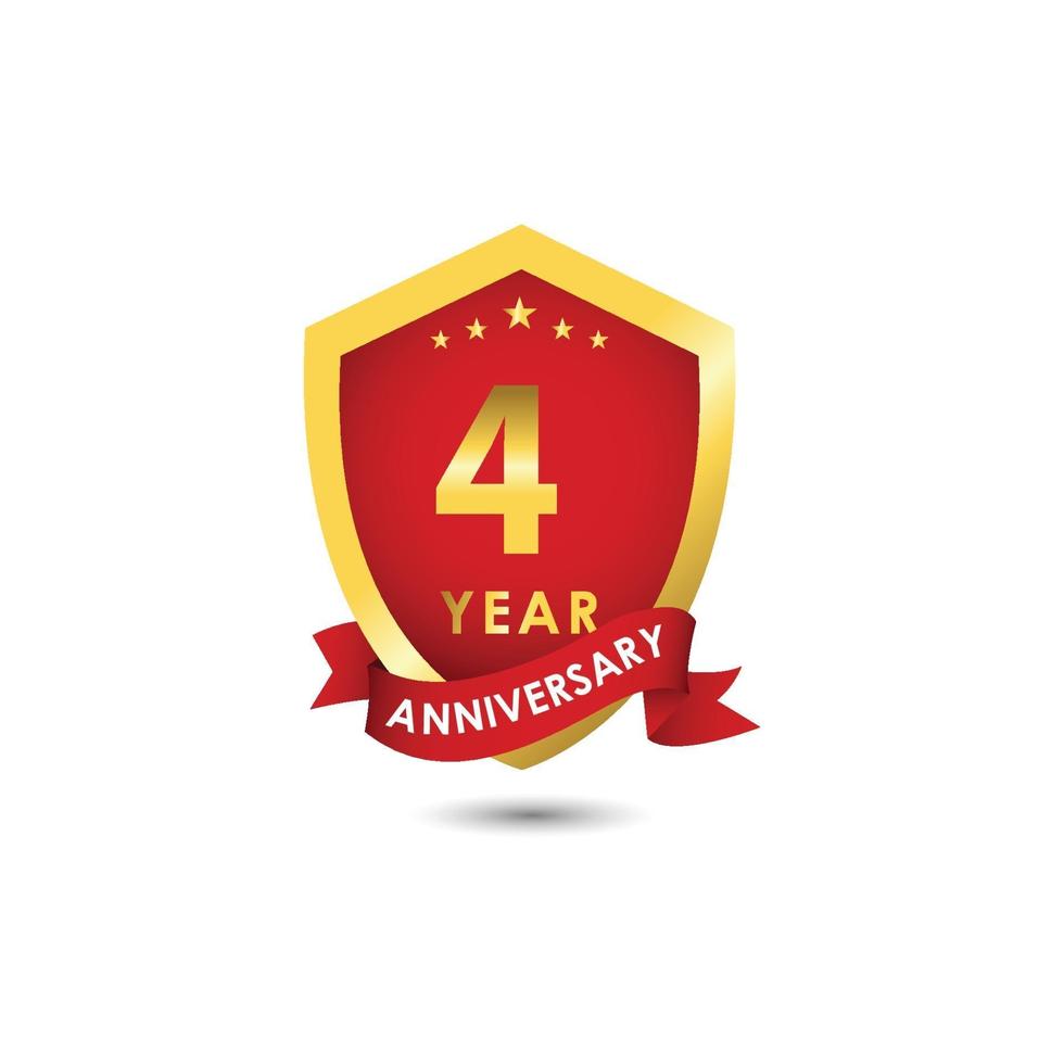 4 Years Anniversary Celebration Emblem Red Gold Vector Template Design Illustration