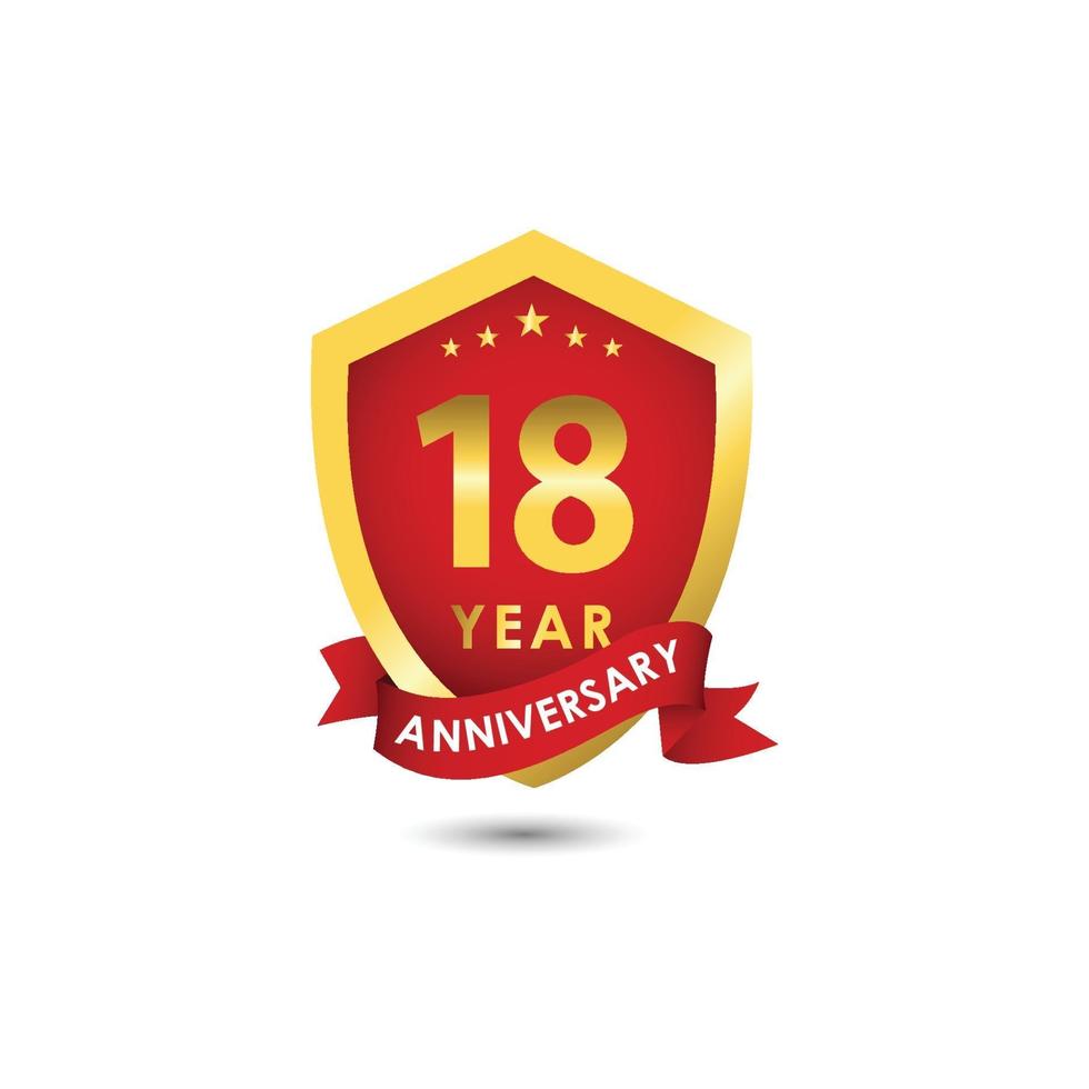 Ilustración de diseño de plantilla de vector de oro rojo emblema de celebración de aniversario de 18 años