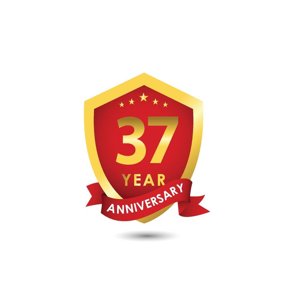 37 Years Anniversary Celebration Emblem Red Gold Vector Template Design Illustration