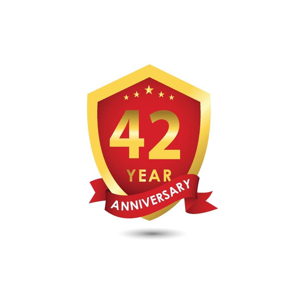 42 Years Anniversary Celebration Emblem Red Gold Vector Template Design Illustration