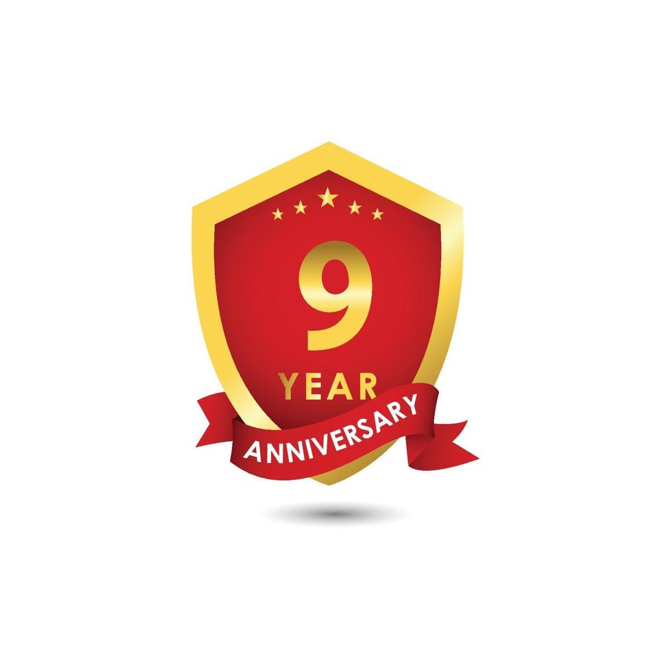 9 Years Anniversary Celebration Emblem Red Gold Vector Template Design Illustration