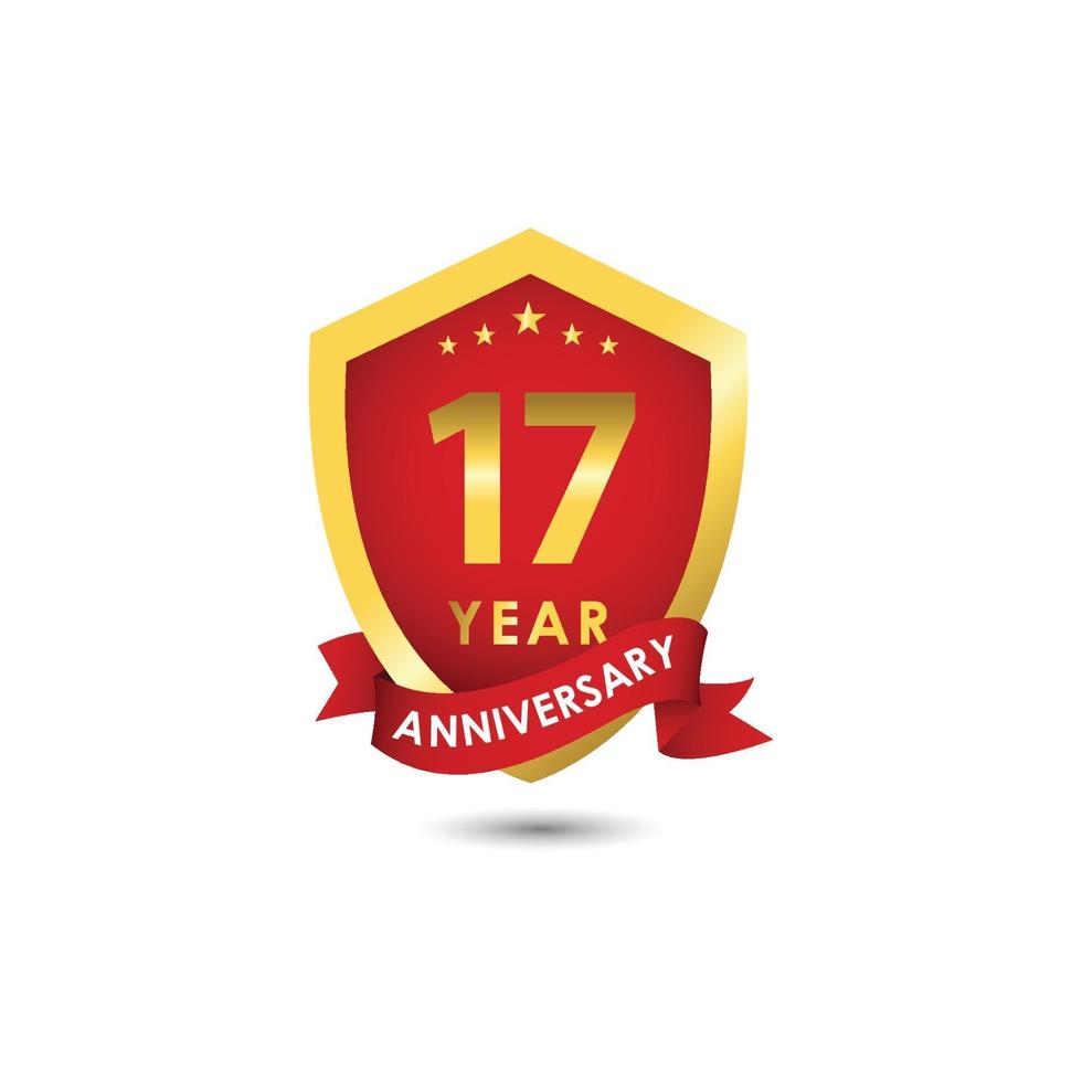 17 Years Anniversary Celebration Emblem Red Gold Vector Template Design Illustration