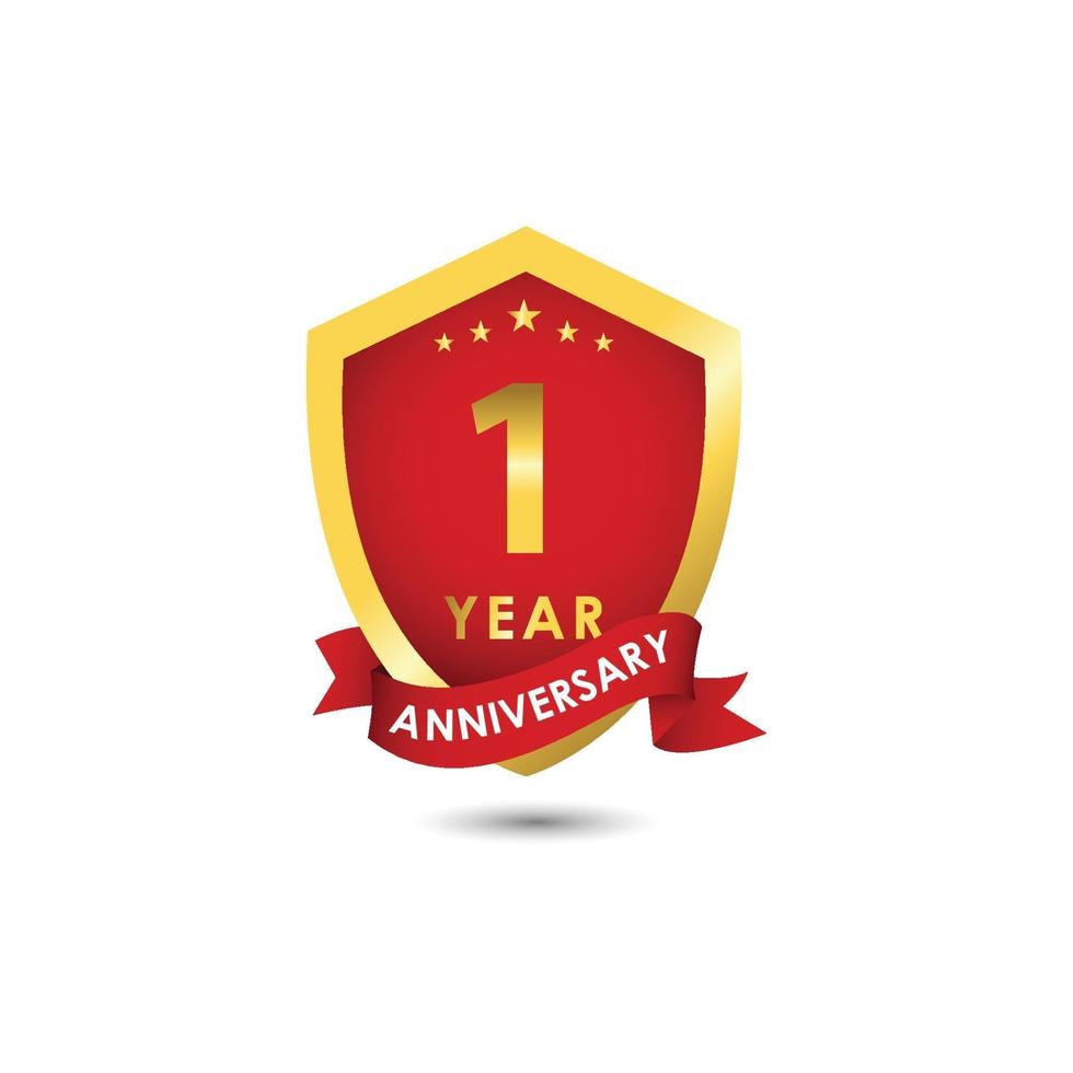 1 Years Anniversary Celebration Emblem Red Gold Vector Template Design Illustration