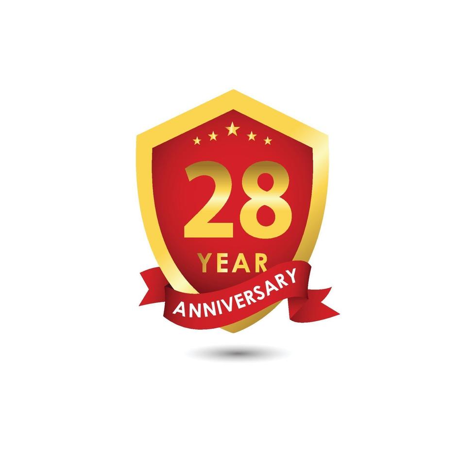 28 Years Anniversary Celebration Emblem Red Gold Vector Template Design Illustration