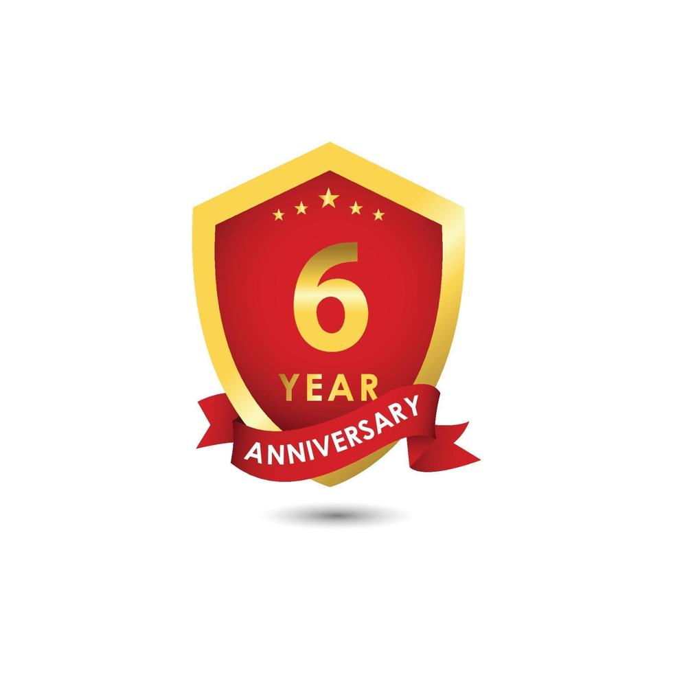 6 Years Anniversary Celebration Emblem Red Gold Vector Template Design Illustration