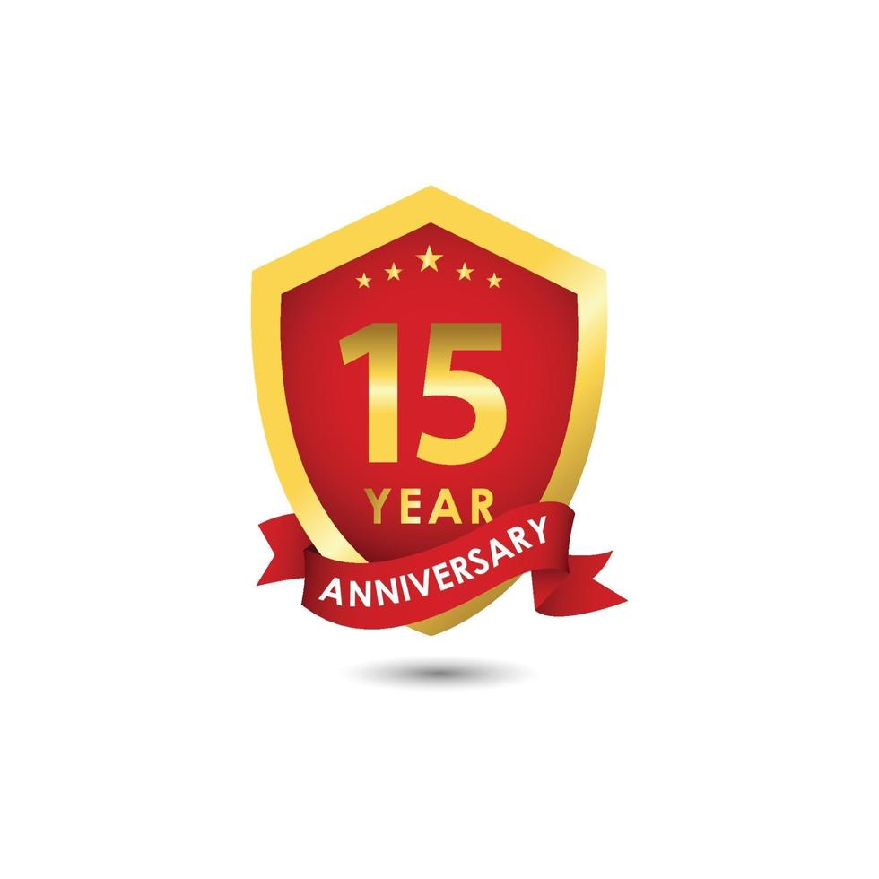 Ilustración de diseño de plantilla de vector de oro rojo emblema de celebración de aniversario de 15 años