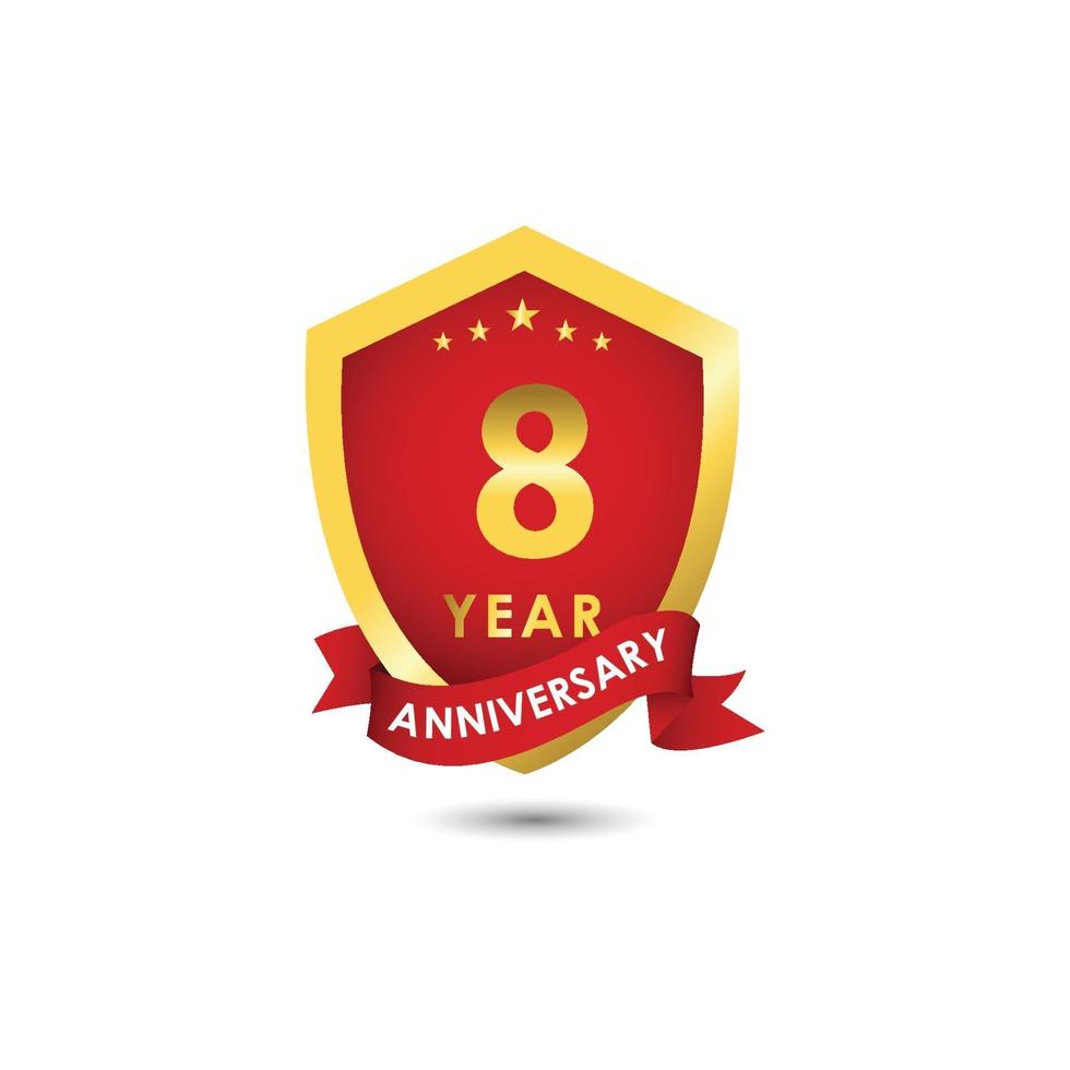 Ilustración de diseño de plantilla de vector de oro rojo emblema de celebración de aniversario de 8 años