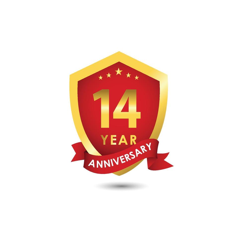 14 Years Anniversary Celebration Emblem Red Gold Vector Template Design Illustration