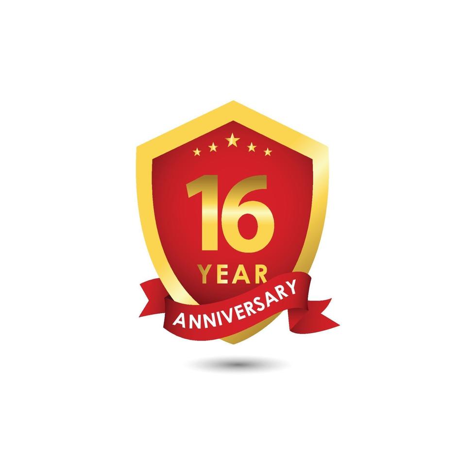 16 Years Anniversary Celebration Emblem Red Gold Vector Template Design Illustration