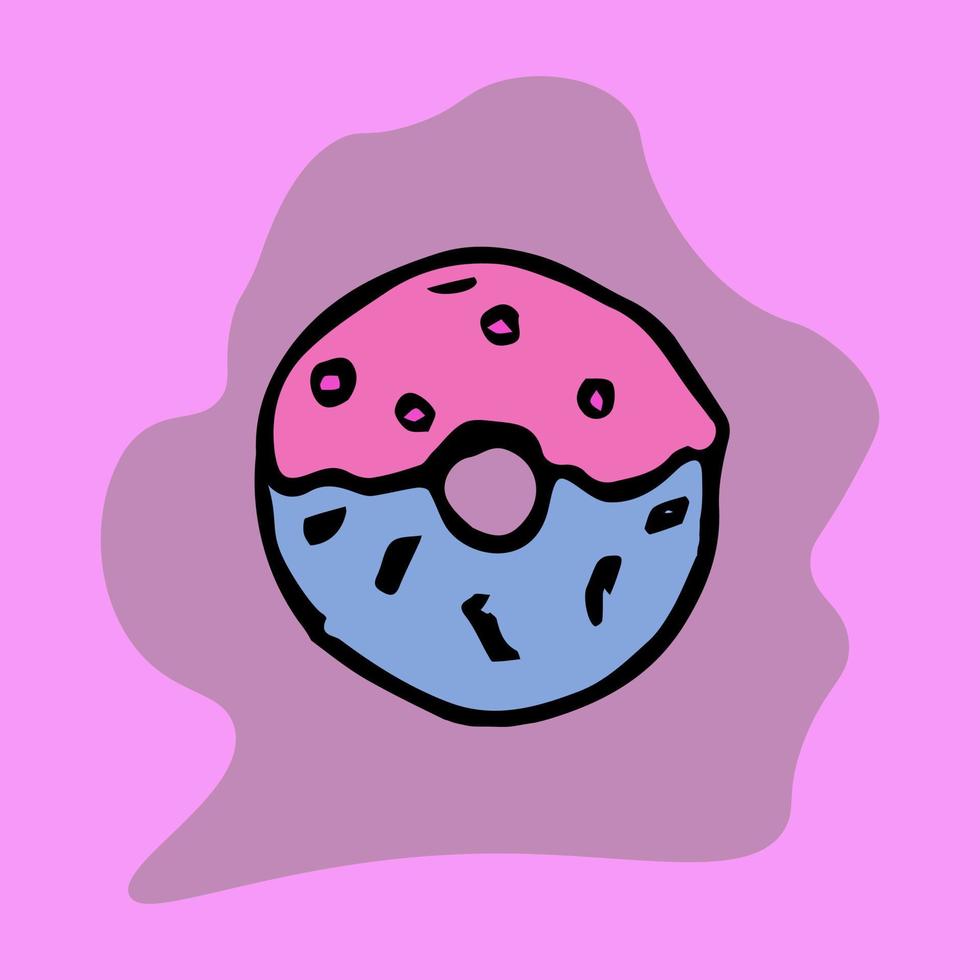 Sweet colored donut icon isolated on pink background. Doodle vector illustration. Hand-drawn icon