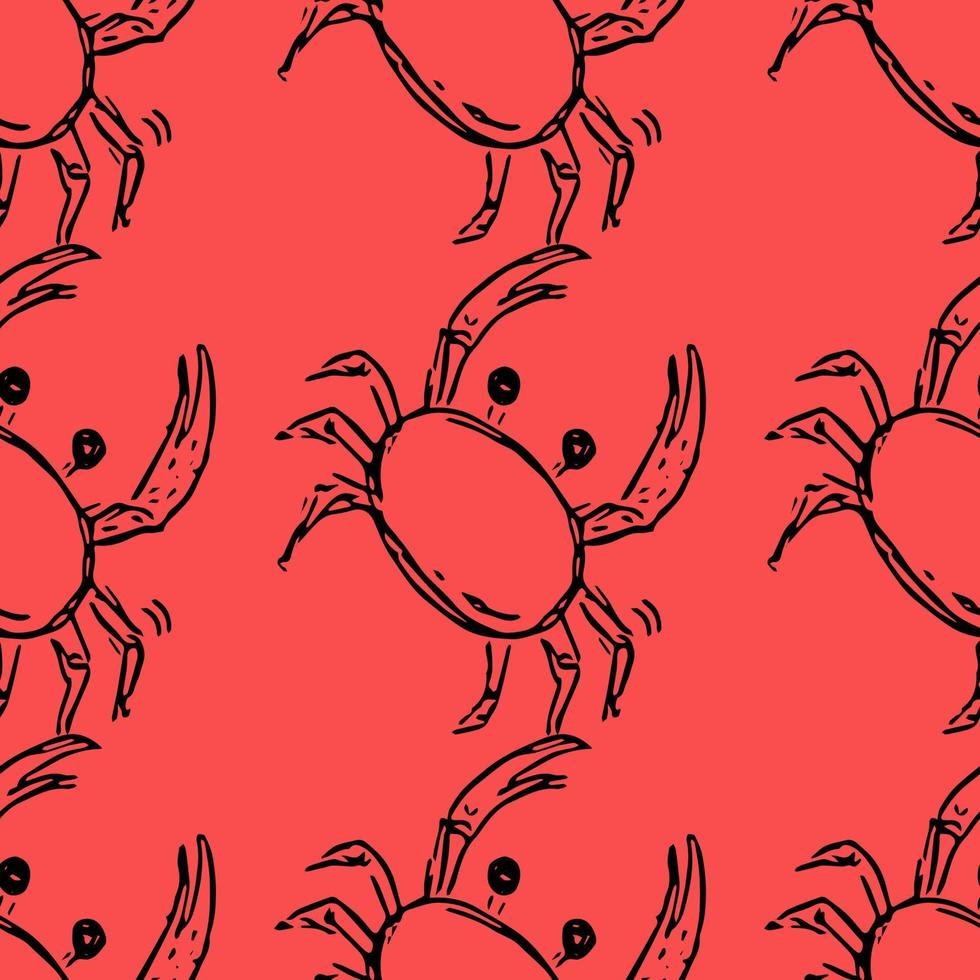 Seamless vector pattern with crabs. Doodle vector with crab icons on red background. Vintage crab pattern