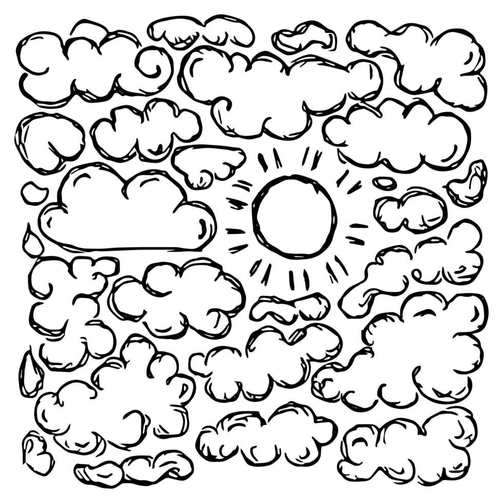 Vector illustration with sun and clouds. Doodle vector with sun and clouds icons on white background. Vintage sun and clouds , sweet elements background for your project, menu, cafe shop