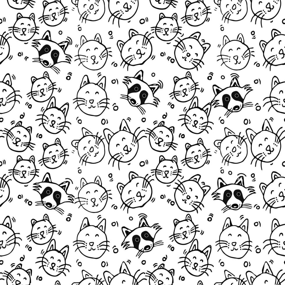 patrón de vector transparente con mapaches y gatos. vector de doodle con mapaches y gatos sobre fondo blanco. patrón vintage con iconos de mapaches y gatos, fondo de elementos dulces para su proyecto