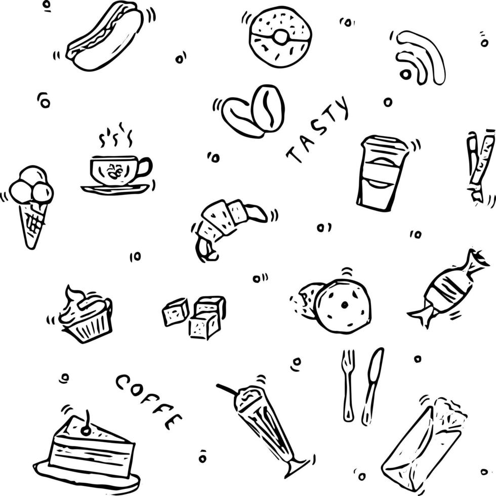 iconos de vector de cafetería. vector de doodle con iconos de café sobre fondo blanco. iconos de cafetería vintage, fondo de elementos dulces para su proyecto, menú, cafetería.