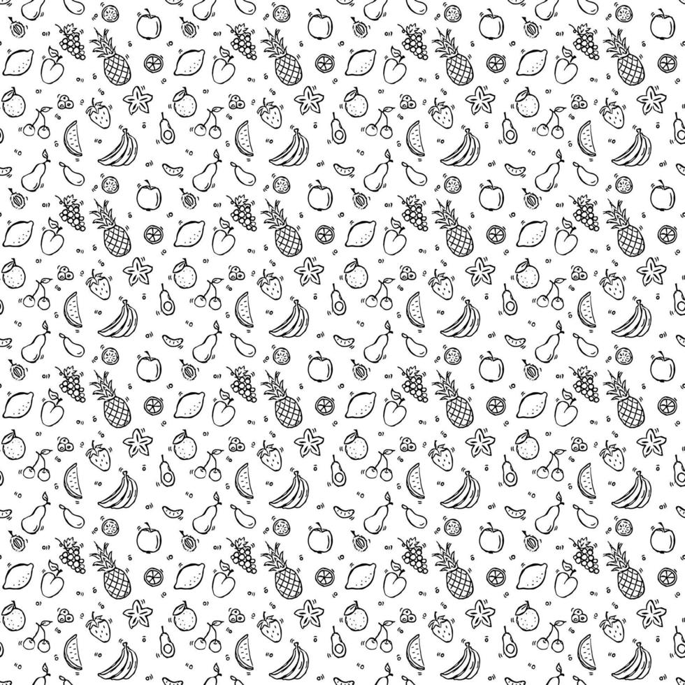 Seamless fruits vector pattern. Doodle vector with fruit pattern on white background. Vintage fruit pattern, sweet elements background for your project, menu, cafe shop.