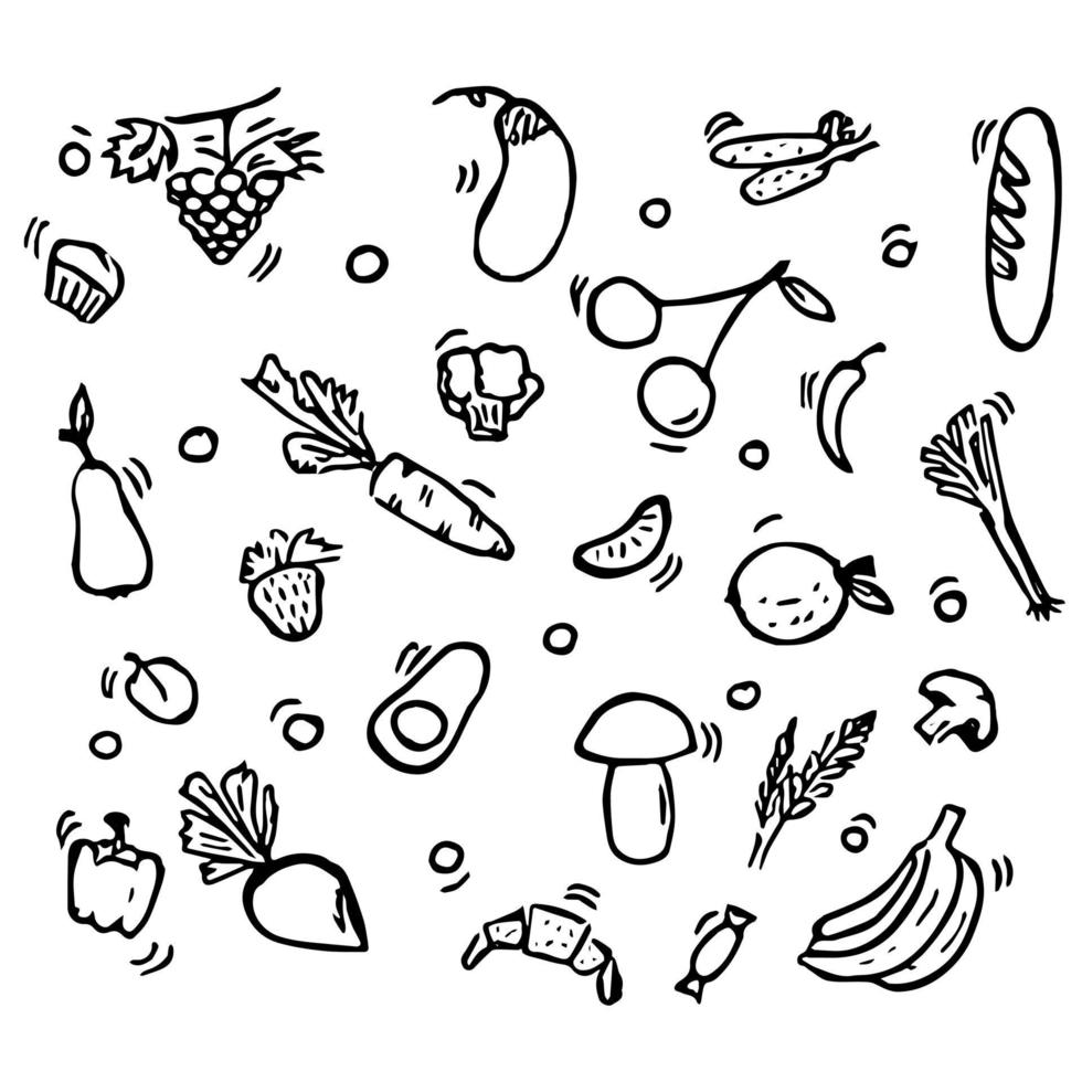 vector set iconos con verduras. vector de doodle con iconos de verduras sobre fondo blanco. Vintage vegetariano establecer iconos, fondo de elementos dulces para su proyecto, menú, cafetería.