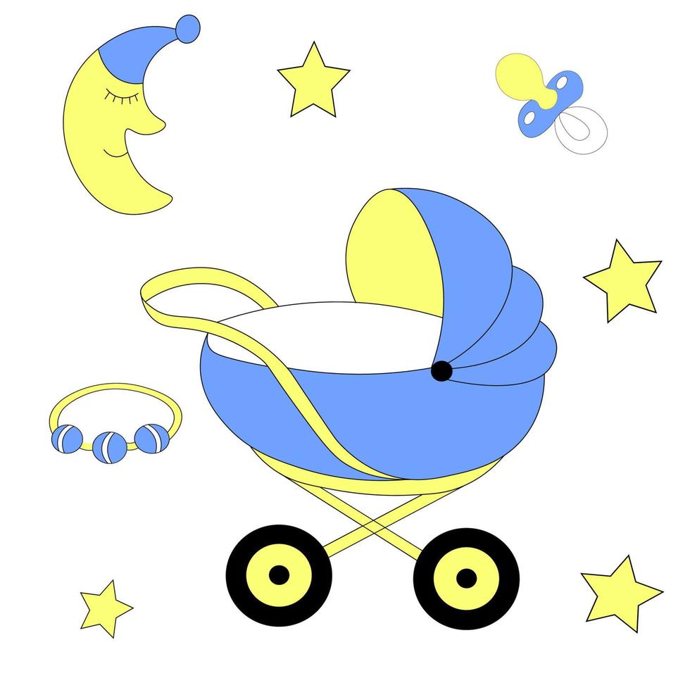 set set of blue stroller for boy on walk, moon in hat, blue nipple and stars. Baby items for newborn. vector