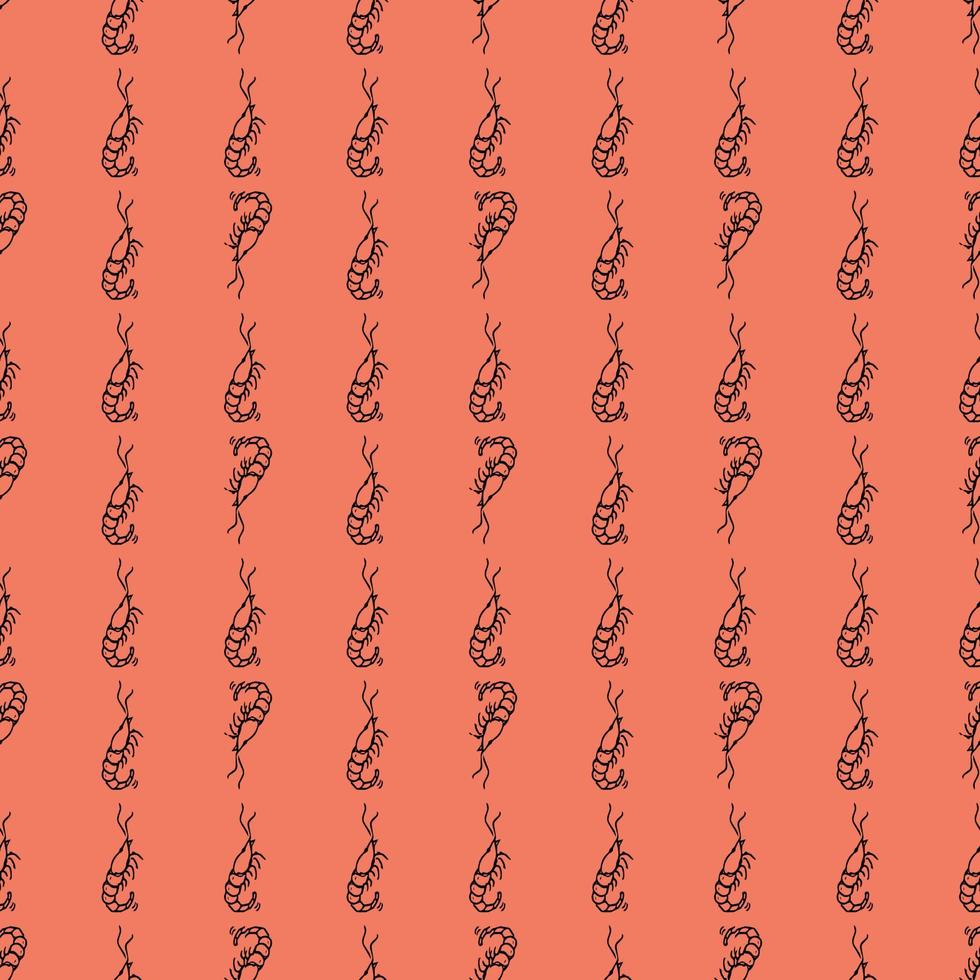 Seamless vector pattern with shrimp. Doodle vector with shrimp icons on red background. Vintage shrimp pattern