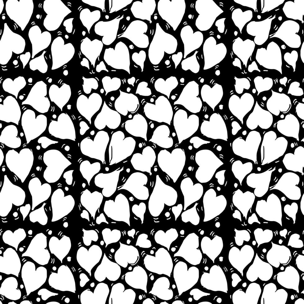 Seamless white hearts vector pattern. Doodle vector with hearts icons on black background. Vintage hearts pattern, sweet elements background for your project, menu, cafe shop.
