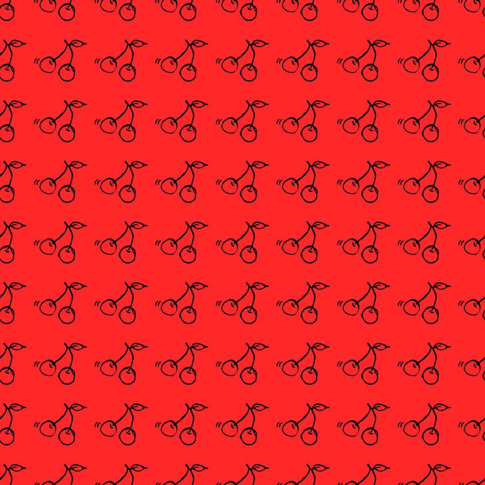 Seamless cherry vector pattern. Doodle vector with cherry icons on red background. Vintage cherry pattern, sweet elements background for your project, menu, cafe shop.