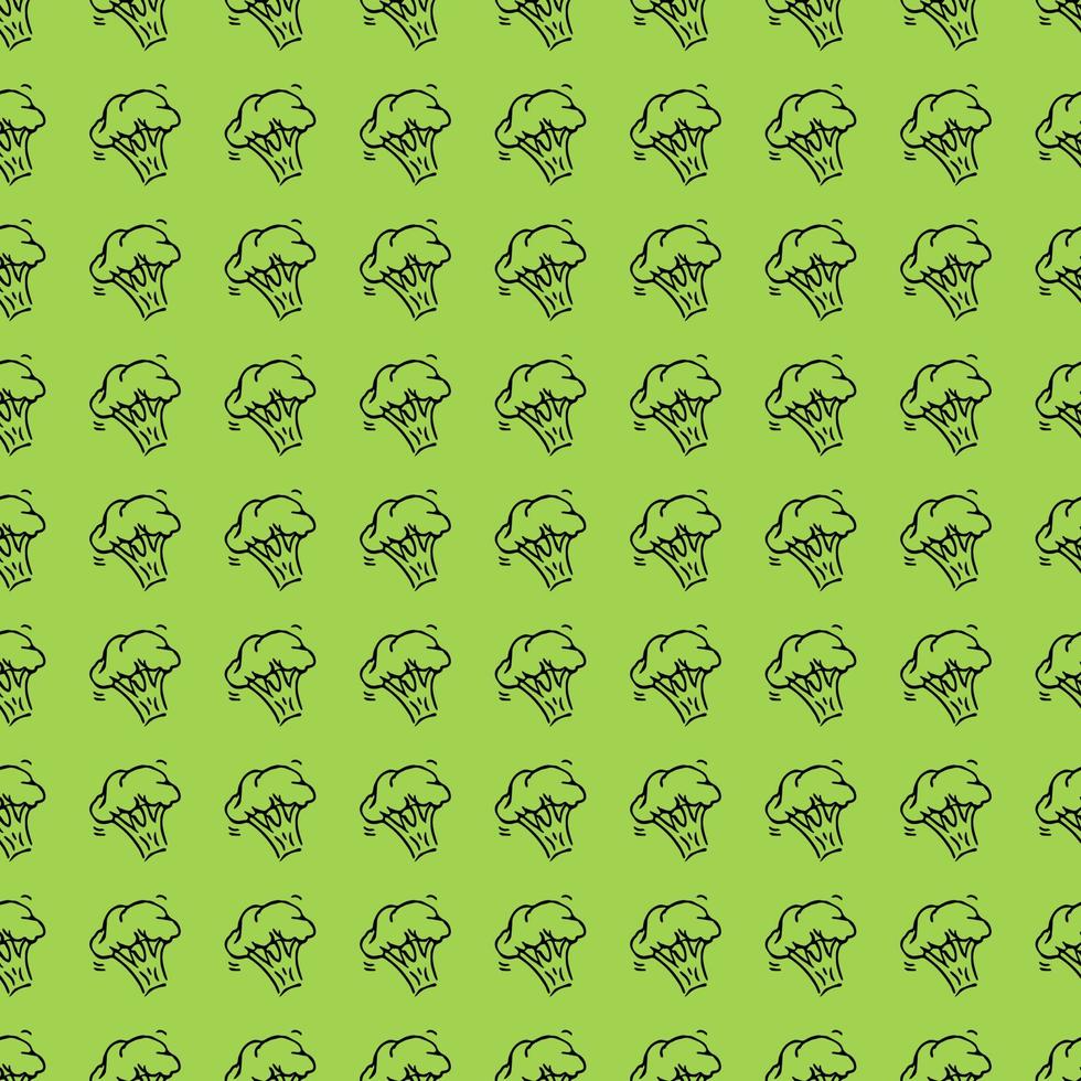 Seamless broccoli vector pattern. Doodle vector broccoli icons on green background. Vintage broccoli pattern, sweet elements background for your project, menu, cafe shop.