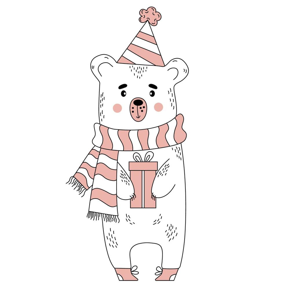 Cute bear with gift. outline. illustration vector