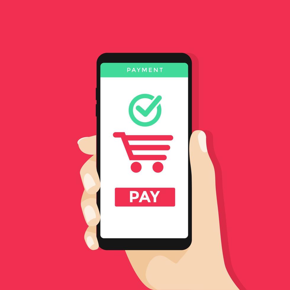 Human hand holding mobile phone with shopping cart and pay button on the screen. vector