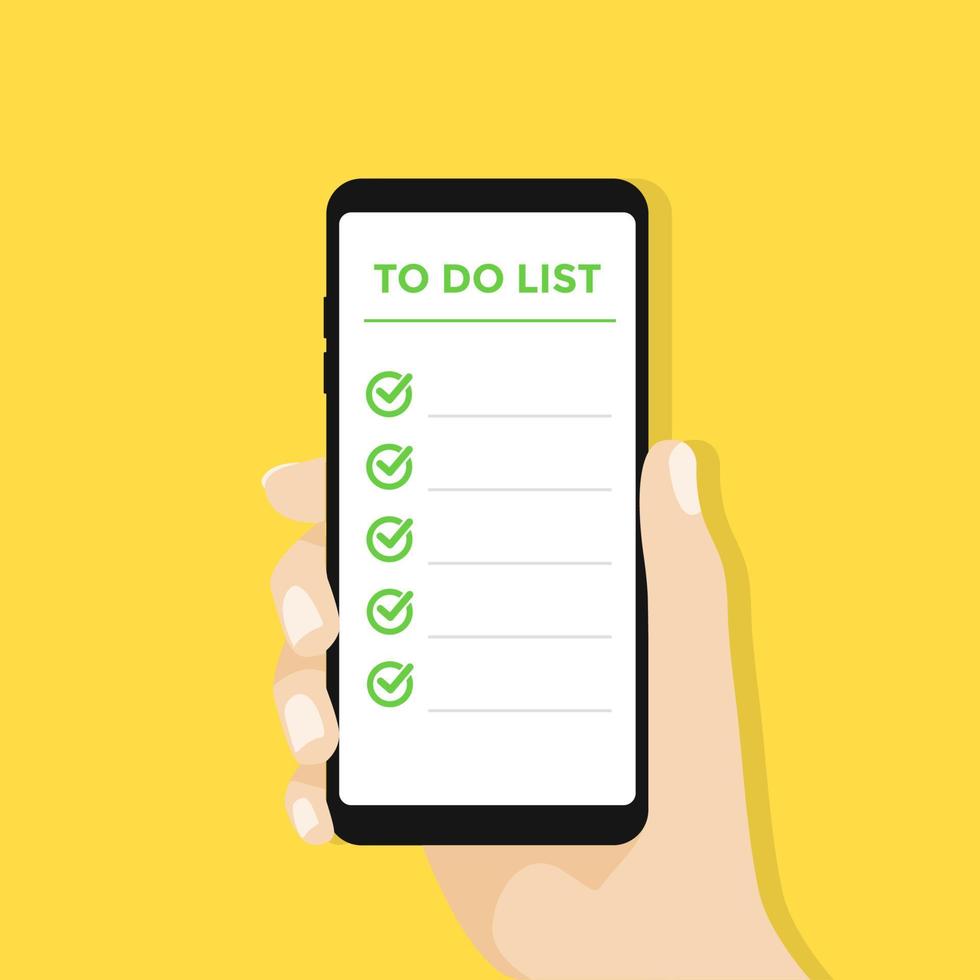 Hand holding smartphone with to do list on the display. vector