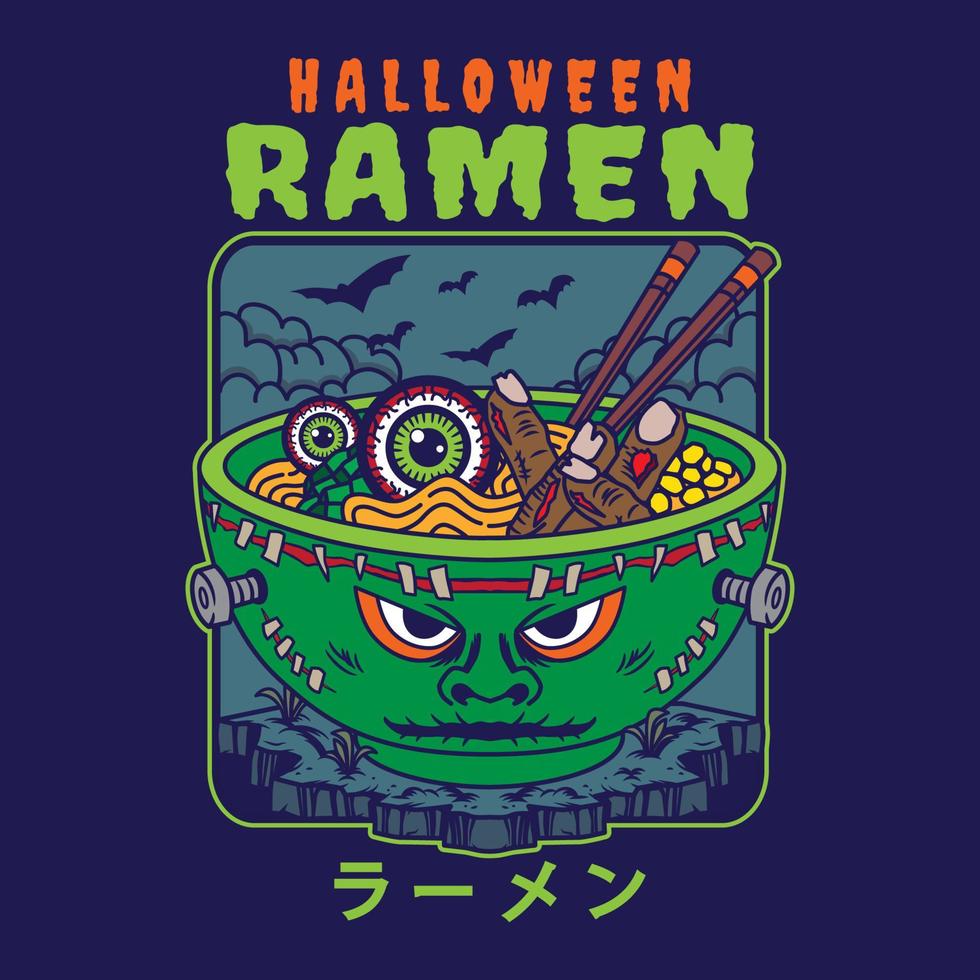 diseño de ilustración de deliciosos fideos ramen japoneses en un tazón con estilo plano vintage frankenstein de halloween. bueno para logo, fondo, camiseta, banner vector