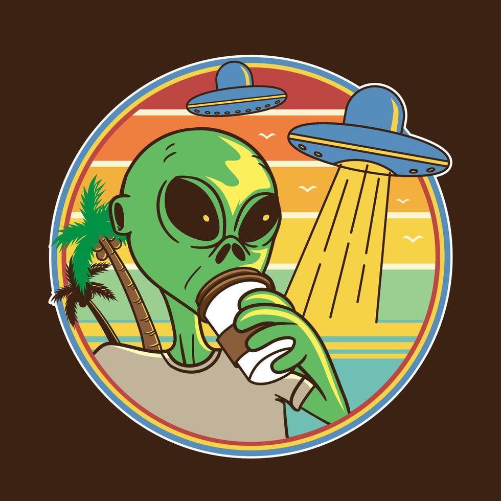 Illustration design alien drink coffee at beach in flat cartoon style. Good for logo, background, tshirt, banner vector