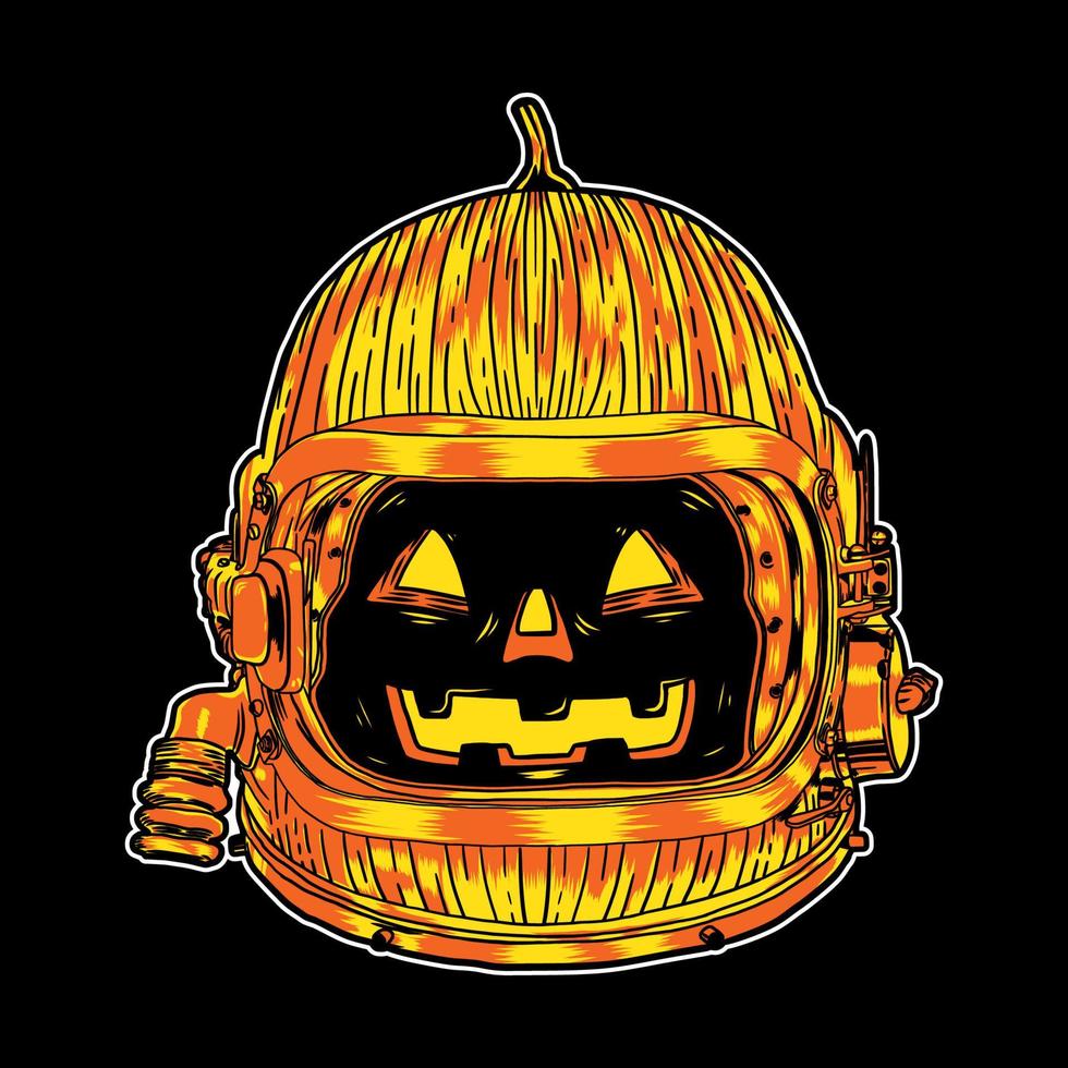 Diseño de ilustración de personaje de calabaza de Halloween con casco de astronauta en fondo negro. bueno para logo, fondo, camiseta, banner vector
