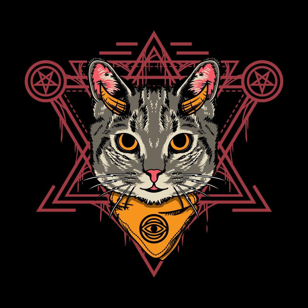 Illustration design of cute halloween cat with sacred geometry style in black background. Good for logo, background, tshirt, banner vector
