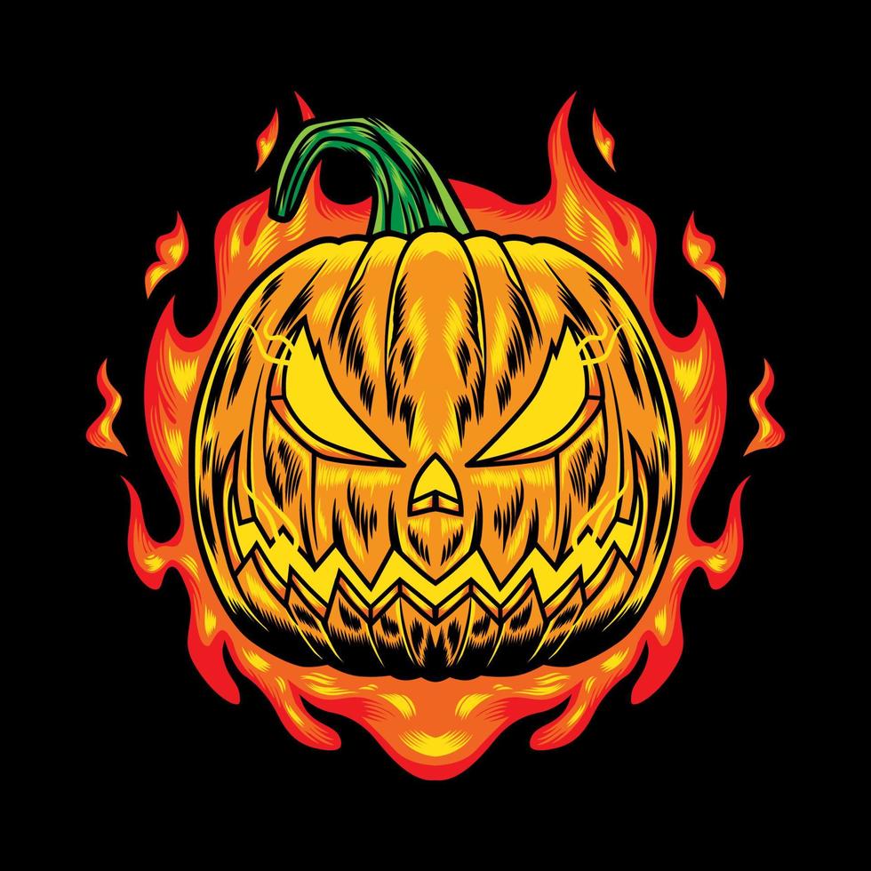 Illustration design of halloween pumpkin character with neon fire flame in black background. Good for logo, background, tshirt, banner vector