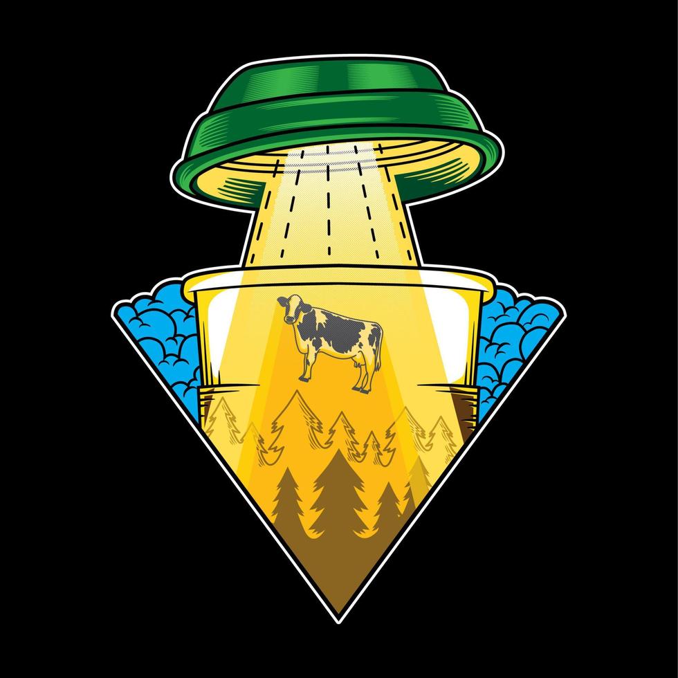 Illustration design alien coffee flying saucer abduction cow funny humor in flat cartoon style. Good for logo, background, tshirt, banner vector