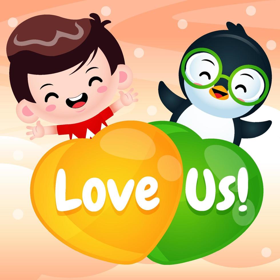 Cartoon Cute Boy And Penguin Flying With Love Balloon vector