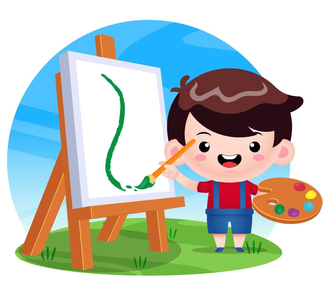 Happy Cute Boy Painting in The Garden vector