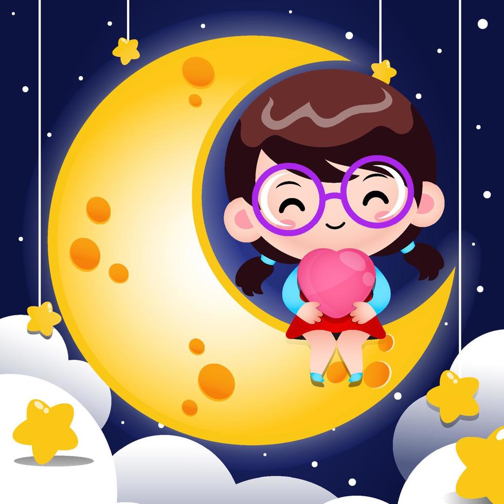 Cute Girl Sitting On The Moon And Holding Heart In Her Lap vector