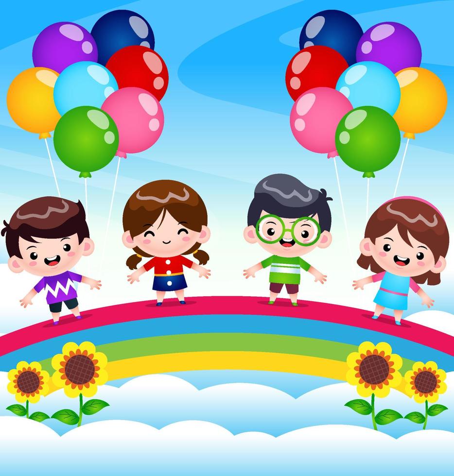 Group Of Kids Standing On Rainbow vector