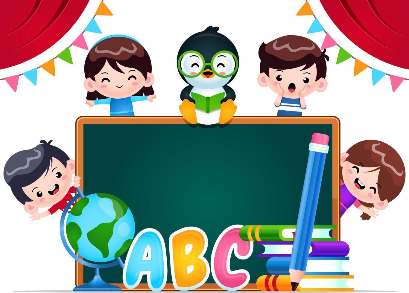 Cartoon Happy Kids and Penguin Education vector
