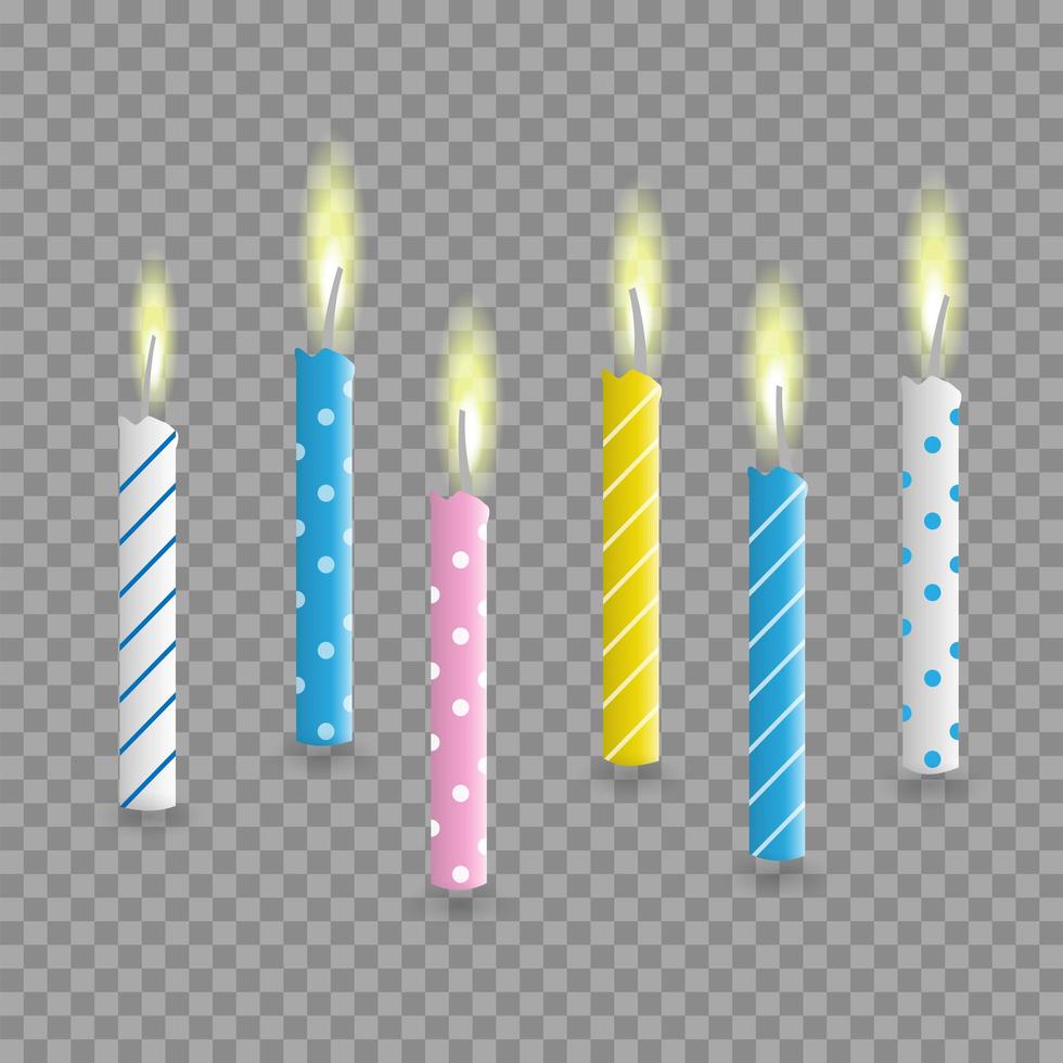 Birthday cake candles realistic, vector set, isolated with transparent burning flame