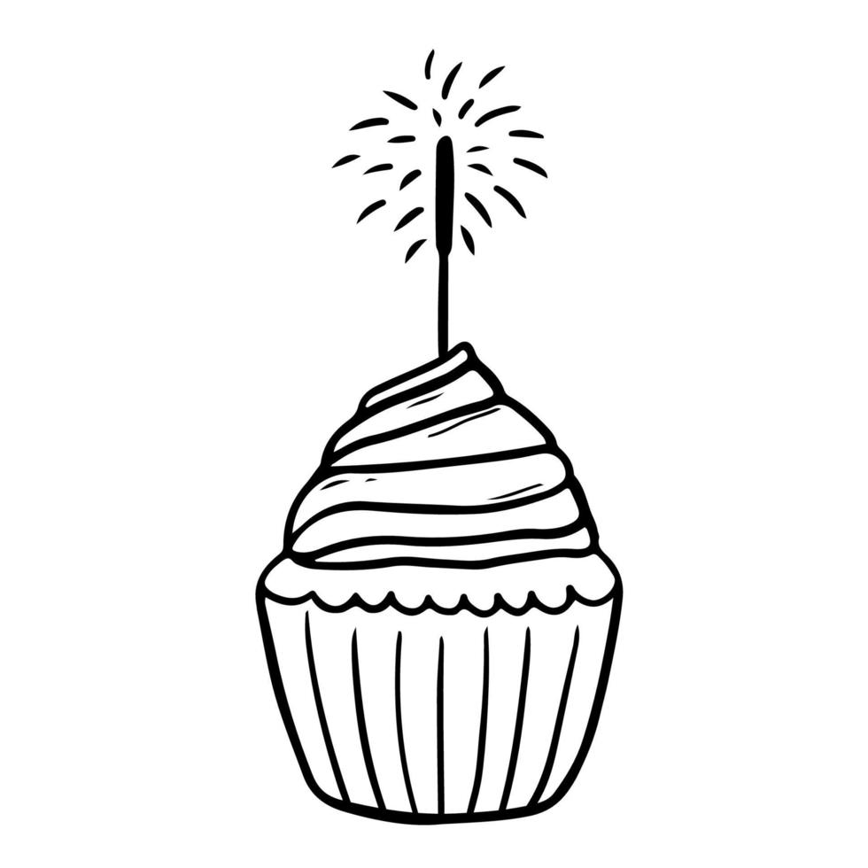 Festive cupcake with sparkler isolated on white background. Vector hand-drawn illustration in doodle style. Perfect for cards, logo, invitations, decorations, birthday designs.