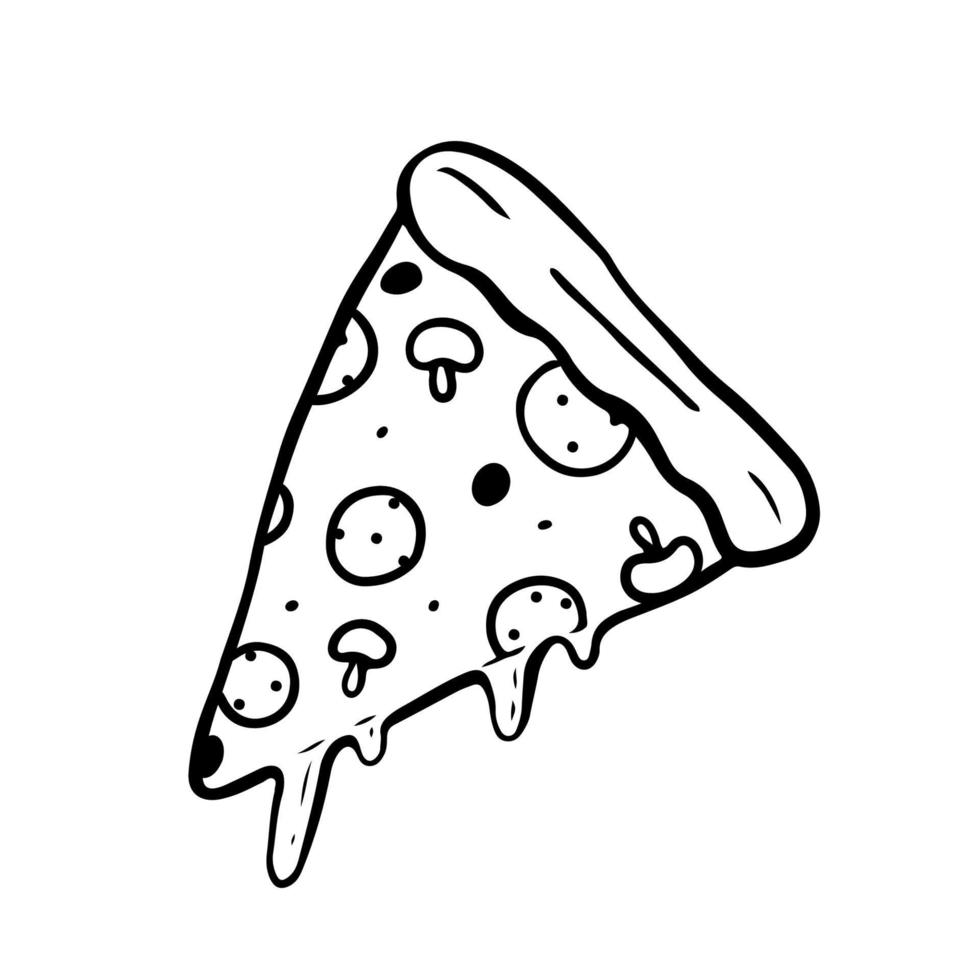 rebanada de pizza con queso, champiñones y salchicha aislado sobre fondo blanco. ilustración vectorial dibujada a mano en estilo doodle. perfecto para menú, logo, decoraciones. vector