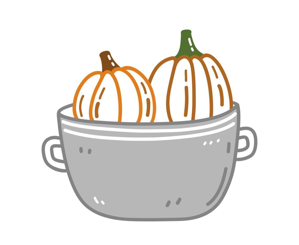Two cute pumpkins in a pot isolated on white background vector