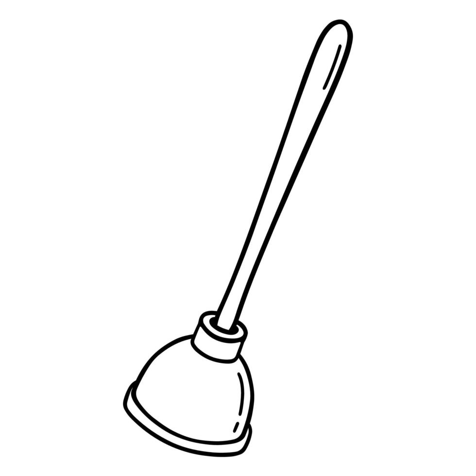 Rubber plunger isolated on white background. Plumbing tool for cleaning clogged pipes. Vector hand-drawn illustration in doodle style. Suitable for your projects, decorations, logo, various designs.