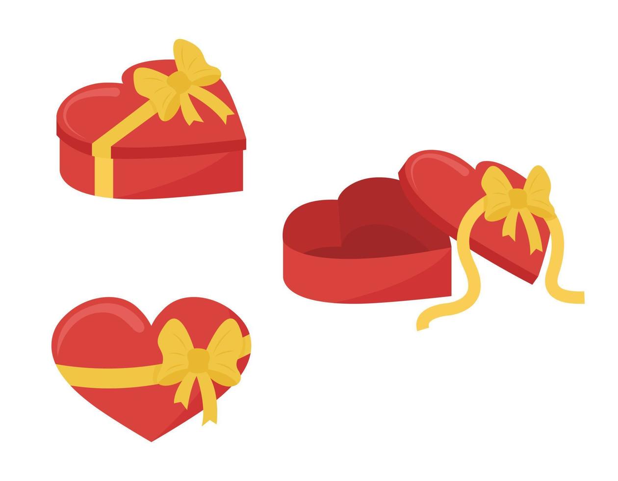 Heart gift box. Romantic present for Valentine day, Birthday. Giftbox opened and closed isolated. Side and top view. Vector illustration
