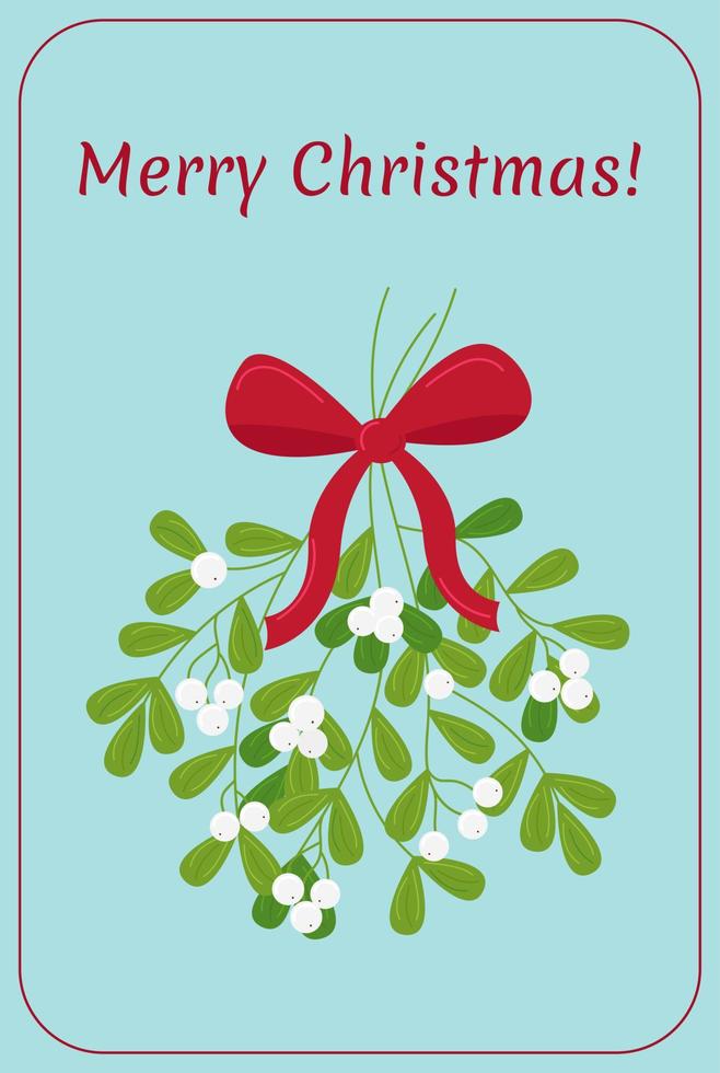 Merry Christmas vintage greeting card. Mistletoe white twig with bow isolated. Vector illustration