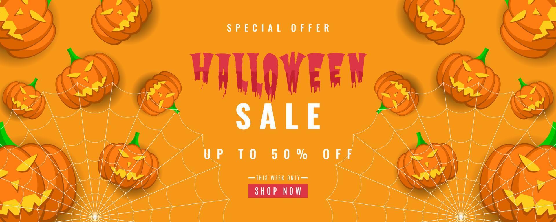 Halloween Orange sale background with pumpkin and spider web  elements vector