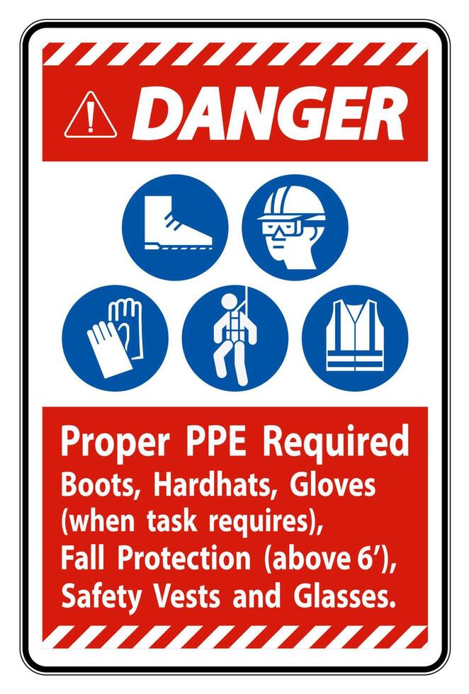 Danger Sign Proper PPE Required Boots, Hardhats, Gloves When Task Requires Fall Protection With PPE Symbols vector
