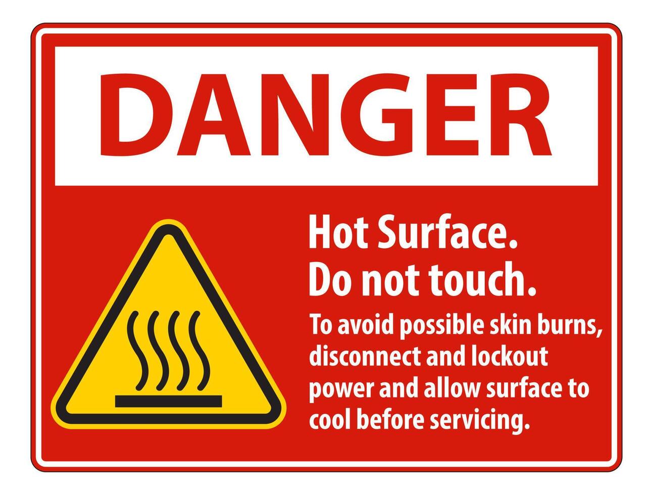 Hot Surface, Do Not Touch, To Avoid Possible Skin Burns, Disconnect And Lockout Power And Allow Surface To Cool Before Servicing Symbol Sign Isolate On White Background,Vector Illustration vector